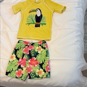 Gymboree boys 4 Yellow Toucan Rash Guard Top with Tropical Floral Swim Shorts
